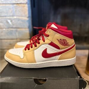 Nike Air Jordan 1 Mid Red and Beige Sneakers